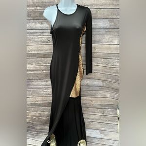 Asymmetrical gold sequin black evening dress
